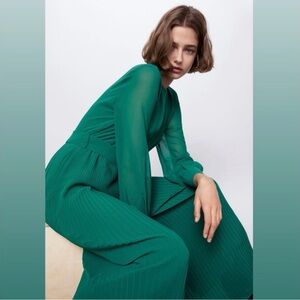 Zara Green Pleated Long-Sleeve Jumpsuit